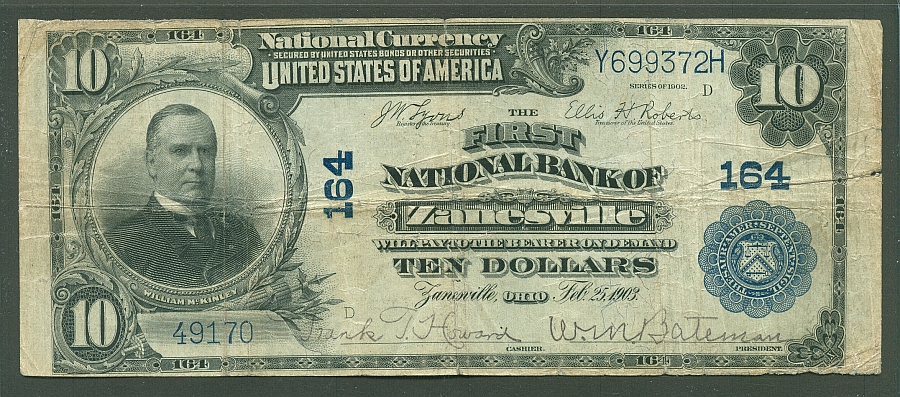 Zanesville, Ohio, Ch.#164 1902PB $10, First National Bank